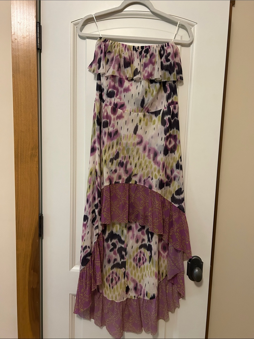 Anthropologie Strapless High-Low Dress in Purple and Cream Print
